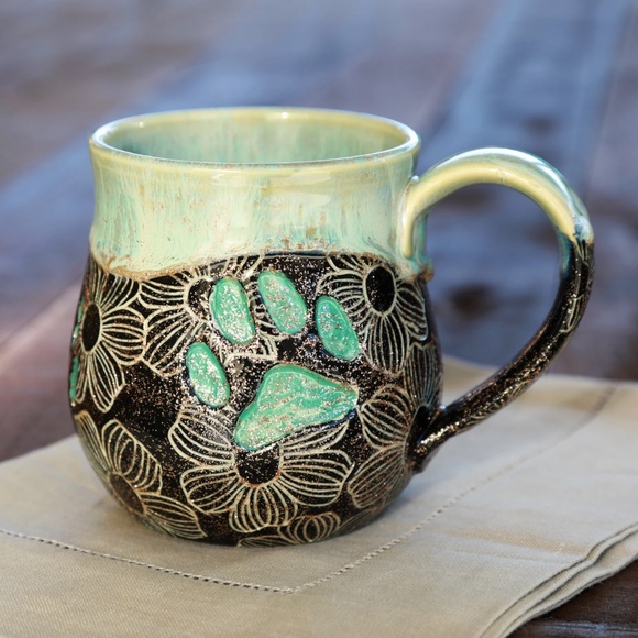 NEW Handmade Ceramic Paw Print Blue Drip Glazed Floral Gold Glitter Pottery Mug - Picture 2 of 6